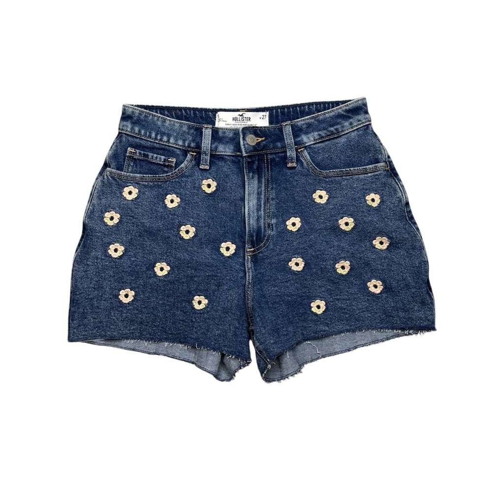 👖 Hollister Floral Embroidered High Rise Mom Jean Shorts Size 5 W27 🌼